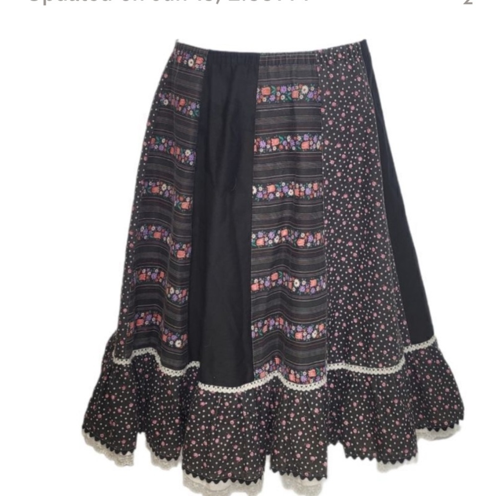 VINTAGE 70s skirt black floral multi pattern full midi square dance XL